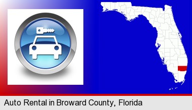 an auto rental sign; Broward County highlighted in red on a map