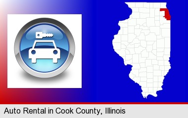 an auto rental sign; Cook County highlighted in red on a map