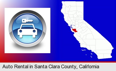 an auto rental sign; Santa Clara County highlighted in red on a map