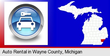 an auto rental sign; Wayne County highlighted in red on a map
