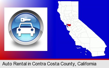 an auto rental sign; Contra Costa County highlighted in red on a map