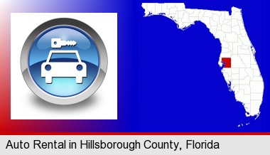 an auto rental sign; Hillsborough County highlighted in red on a map