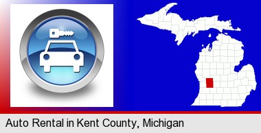 an auto rental sign; Kent County highlighted in red on a map