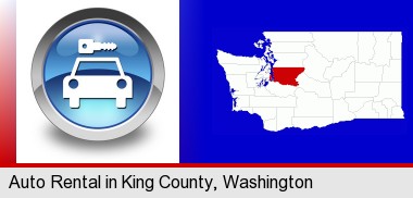 an auto rental sign; King County highlighted in red on a map