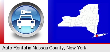 an auto rental sign; Nassau County highlighted in red on a map