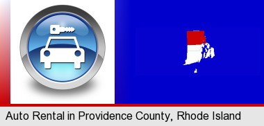 an auto rental sign; Providence County highlighted in red on a map